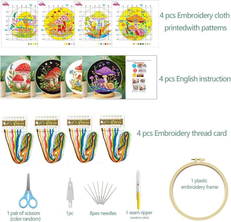 Zhenqing 4 Mushroom Cross Stitch Kit for Beginners, 11CT Printed White Cotton Fabric 24x24cm with Hoop, Fantasy Forest Embroidery Set（69036） - Image 3